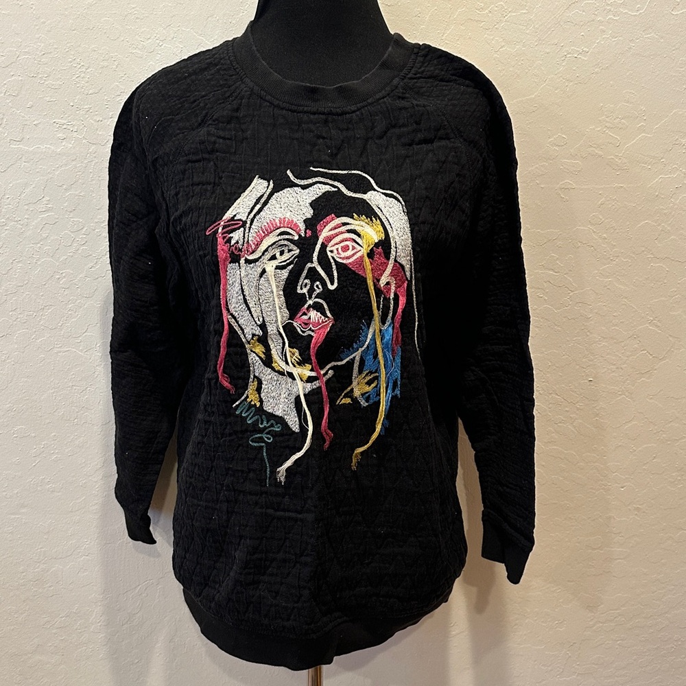 Zara Black Textured Sweatshirt with Colorful Embroidery